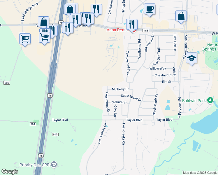 map of restaurants, bars, coffee shops, grocery stores, and more near 2313 Mulberry Drive in Anna