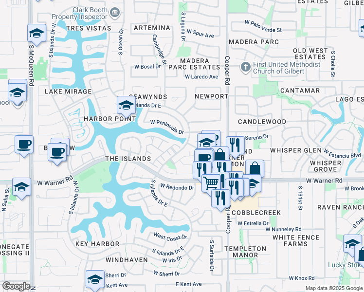 map of restaurants, bars, coffee shops, grocery stores, and more near 605 South Crows Nest Drive in Gilbert
