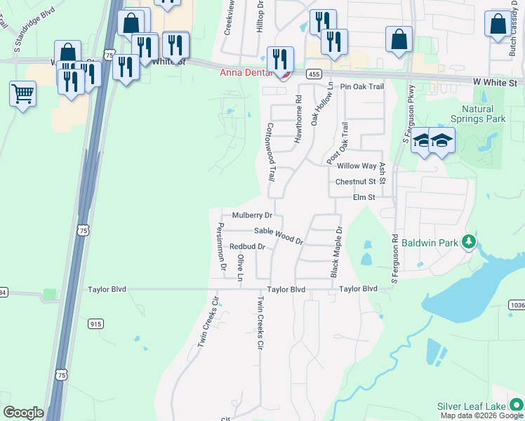 map of restaurants, bars, coffee shops, grocery stores, and more near 2201 Mulberry Drive in Anna