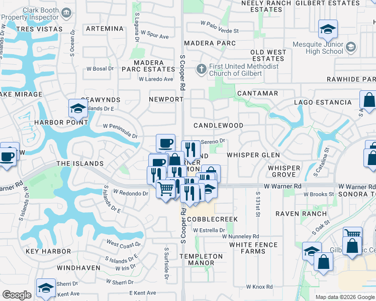 map of restaurants, bars, coffee shops, grocery stores, and more near 456 West Bayshore Drive in Gilbert