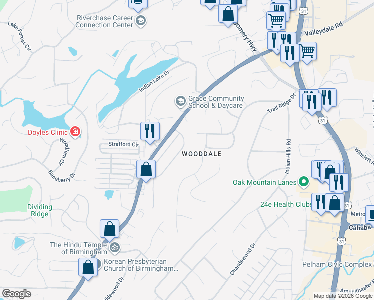 map of restaurants, bars, coffee shops, grocery stores, and more near 124 Hayesbury Court in Pelham