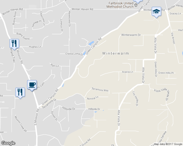 map of restaurants, bars, coffee shops, grocery stores, and more near 1519 Winterwarm Drive in Fallbrook