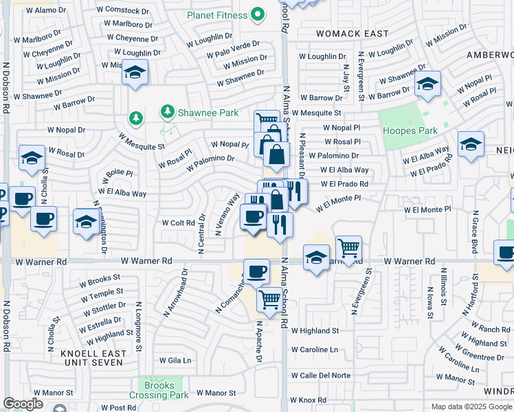 map of restaurants, bars, coffee shops, grocery stores, and more near 2201 North Comanche Drive in Chandler