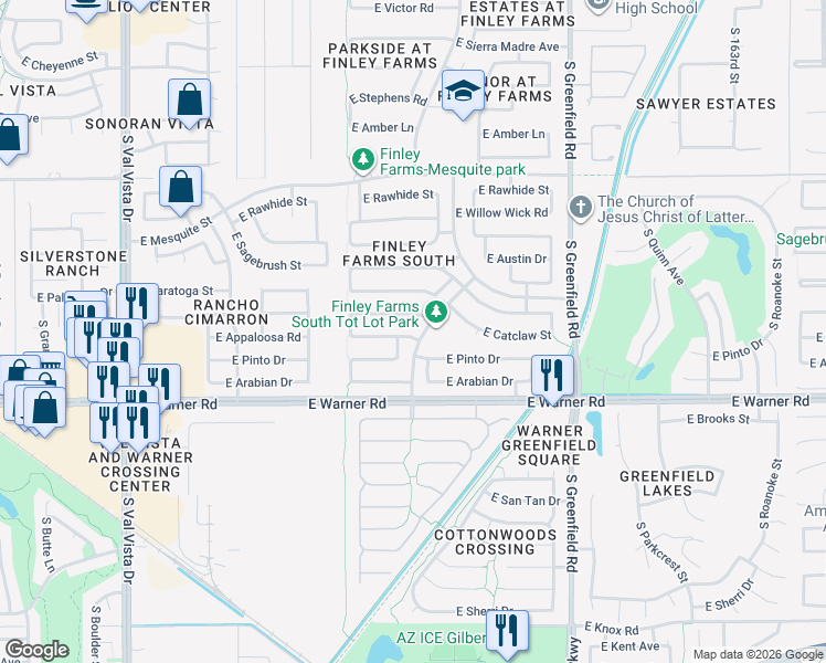 map of restaurants, bars, coffee shops, grocery stores, and more near 2130 East Pinto Drive in Gilbert