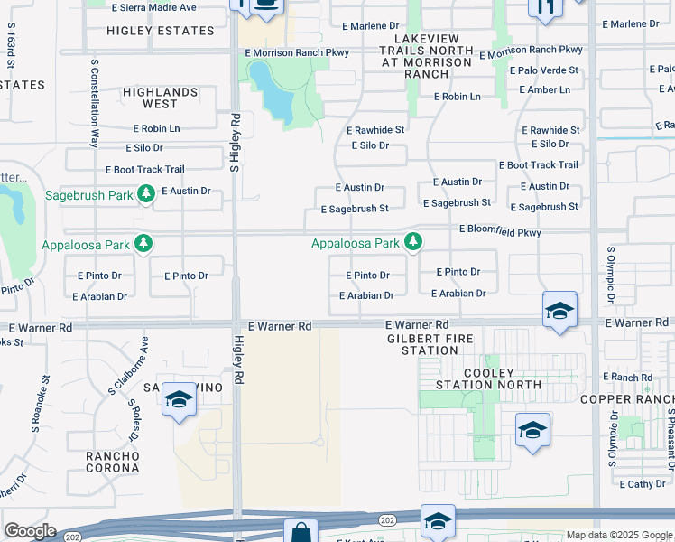 map of restaurants, bars, coffee shops, grocery stores, and more near 3417 East Pinto Drive in Gilbert
