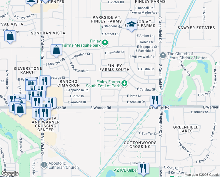 map of restaurants, bars, coffee shops, grocery stores, and more near 2069 East Appaloosa Road in Gilbert