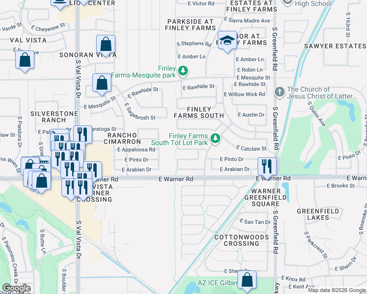 map of restaurants, bars, coffee shops, grocery stores, and more near 2001 East Appaloosa Road in Gilbert