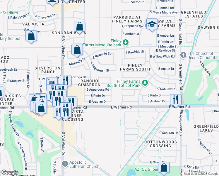 map of restaurants, bars, coffee shops, grocery stores, and more near 687 South Peppertree Drive in Gilbert