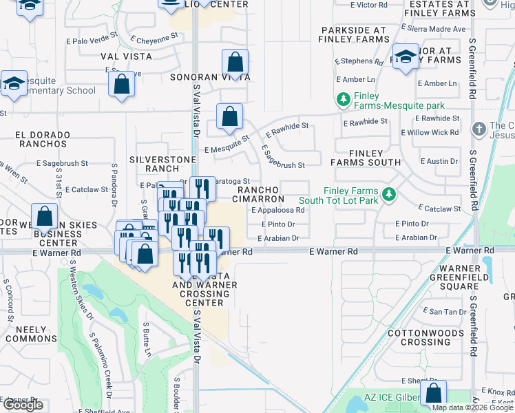 map of restaurants, bars, coffee shops, grocery stores, and more near 1793 East Appaloosa Road in Gilbert