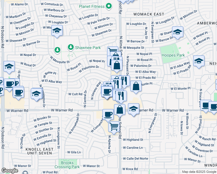 map of restaurants, bars, coffee shops, grocery stores, and more near 2201 North Comanche Drive in Chandler