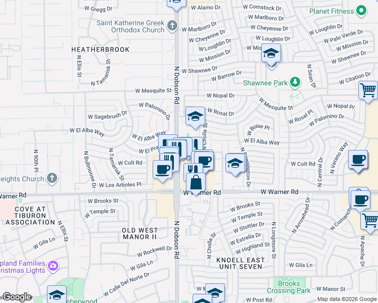 map of restaurants, bars, coffee shops, grocery stores, and more near 1859 West El Monte Place in Chandler