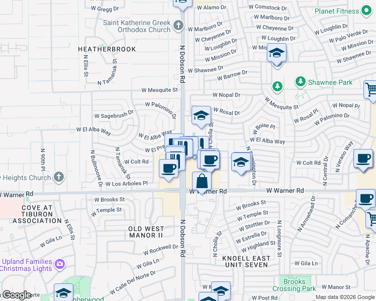 map of restaurants, bars, coffee shops, grocery stores, and more near 1859 West El Monte Place in Chandler