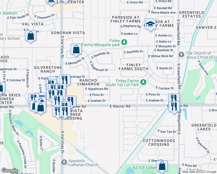 map of restaurants, bars, coffee shops, grocery stores, and more near 687 South Peppertree Drive in Gilbert