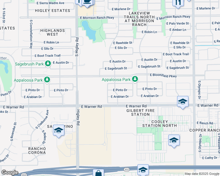 map of restaurants, bars, coffee shops, grocery stores, and more near 3417 East Pinto Drive in Gilbert