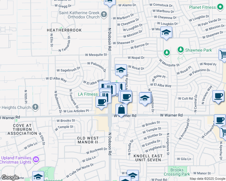 map of restaurants, bars, coffee shops, grocery stores, and more near 1859 West El Monte Place in Chandler