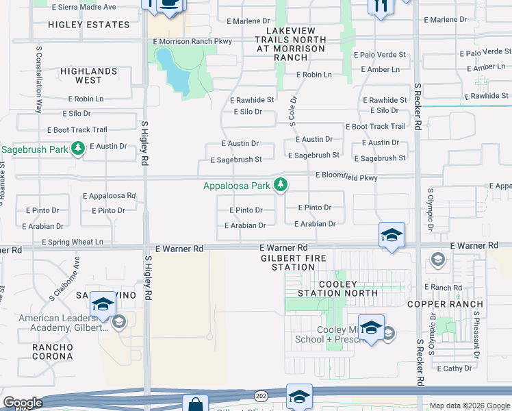 map of restaurants, bars, coffee shops, grocery stores, and more near 3537 East Pinto Drive in Gilbert