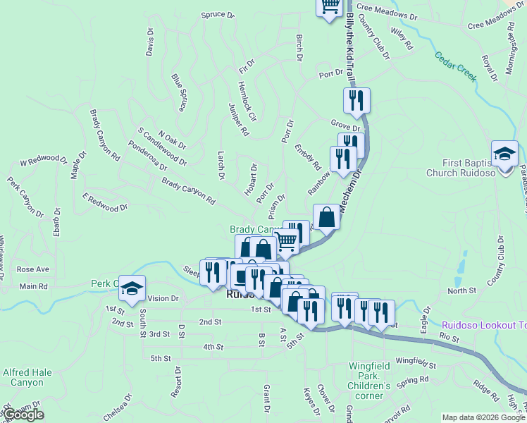 map of restaurants, bars, coffee shops, grocery stores, and more near 106 Porr Drive in Ruidoso