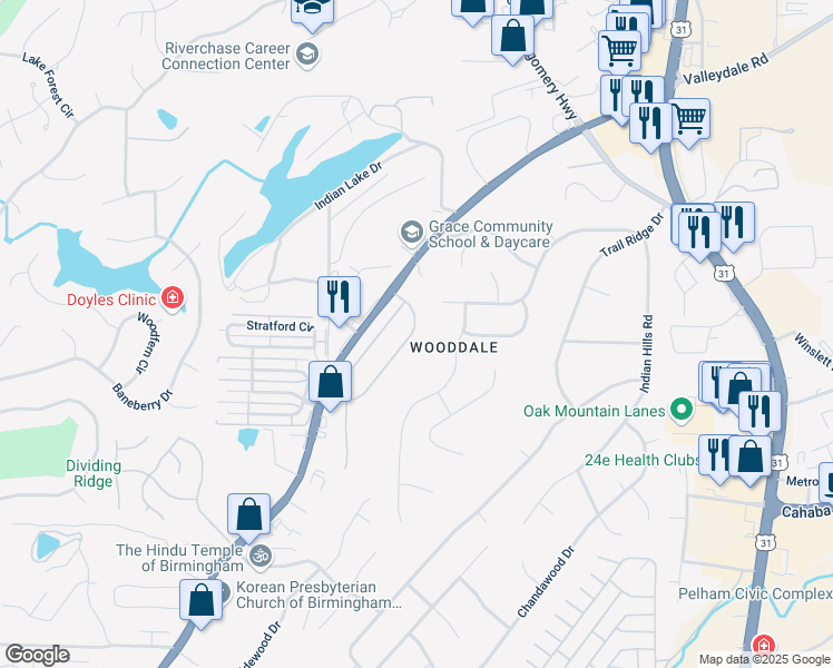 map of restaurants, bars, coffee shops, grocery stores, and more near 112 Hayesbury Court in Pelham