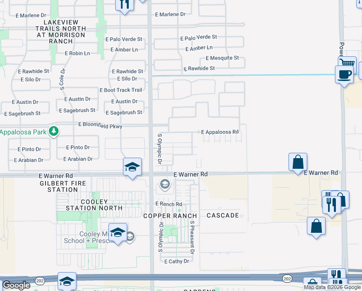 map of restaurants, bars, coffee shops, grocery stores, and more near 4055 East Warner Road in Gilbert