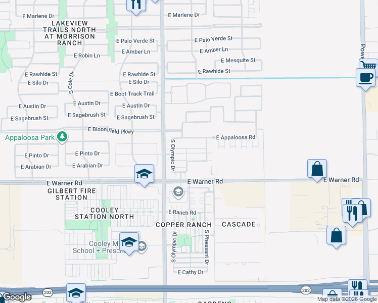 map of restaurants, bars, coffee shops, grocery stores, and more near 4055 East Warner Road in Gilbert