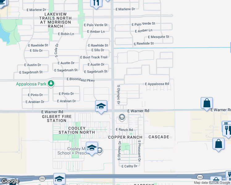 map of restaurants, bars, coffee shops, grocery stores, and more near 11601-12369 South Recker Road in Gilbert