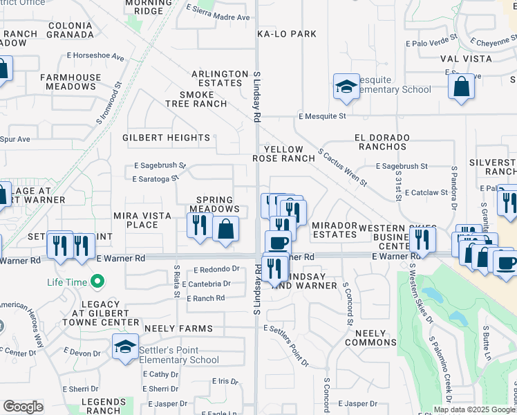 map of restaurants, bars, coffee shops, grocery stores, and more near 837 East Appaloosa Road in Gilbert
