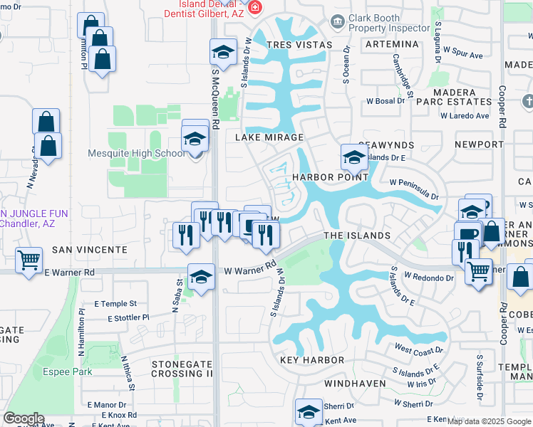 map of restaurants, bars, coffee shops, grocery stores, and more near 1300 West Warner Road in Gilbert