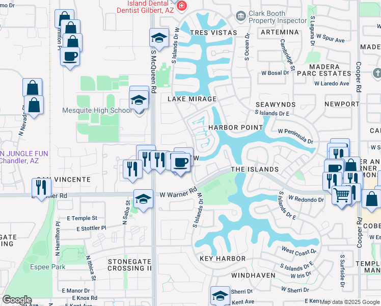 map of restaurants, bars, coffee shops, grocery stores, and more near 1300 West Warner Road in Gilbert