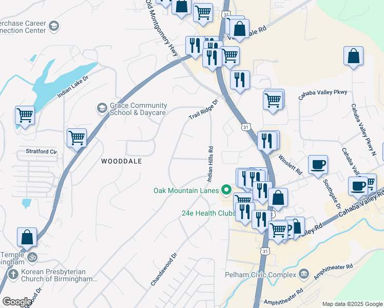 map of restaurants, bars, coffee shops, grocery stores, and more near 4722 Chippewa Lane in Pelham