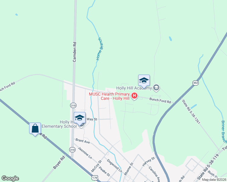 map of restaurants, bars, coffee shops, grocery stores, and more near 313 Bunch Ford Road in Holly Hill