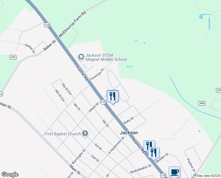 map of restaurants, bars, coffee shops, grocery stores, and more near 402 Highland Circle in Jackson