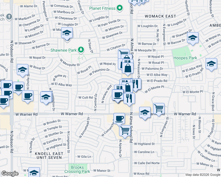 map of restaurants, bars, coffee shops, grocery stores, and more near 2105 North Verano Way in Chandler