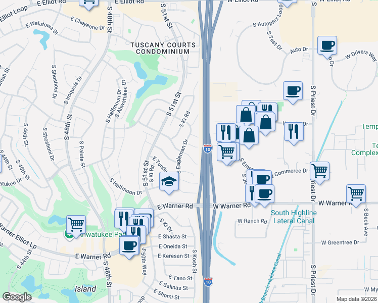 map of restaurants, bars, coffee shops, grocery stores, and more near 5219 East Tamblo Drive in Phoenix