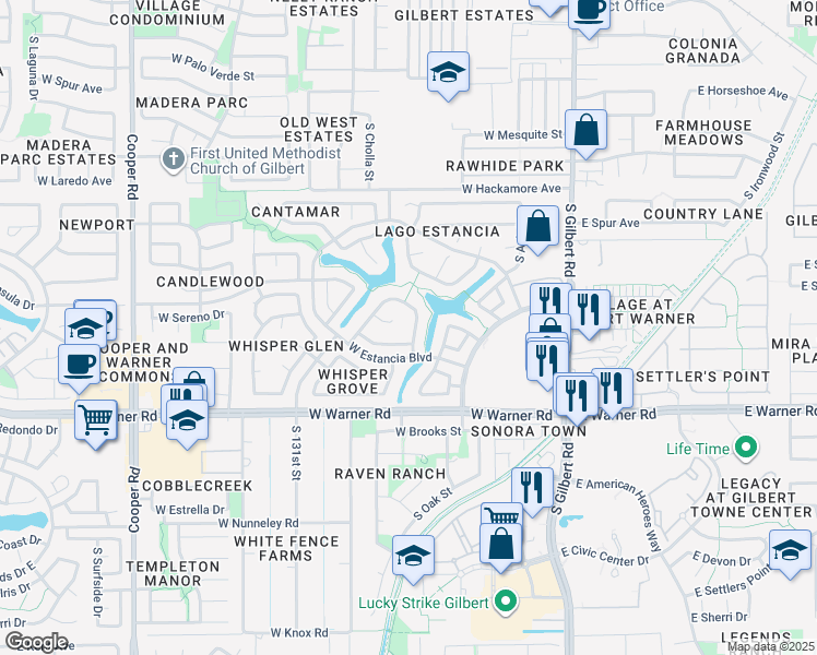 map of restaurants, bars, coffee shops, grocery stores, and more near 305 West Ensueno Street in Gilbert