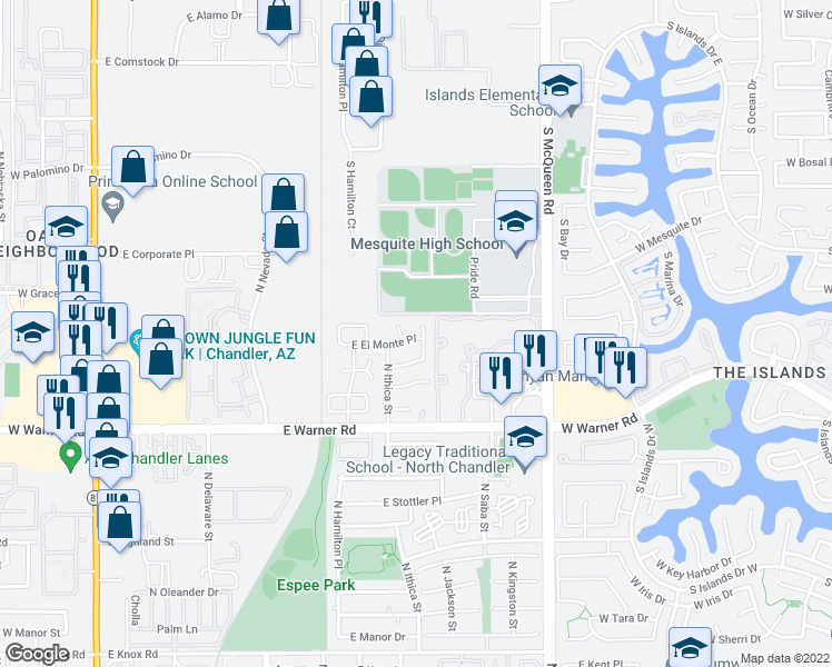 map of restaurants, bars, coffee shops, grocery stores, and more near 760 East Colt Road in Chandler
