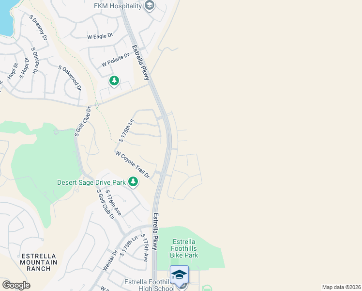 map of restaurants, bars, coffee shops, grocery stores, and more near 11911 Estrella Parkway in Goodyear