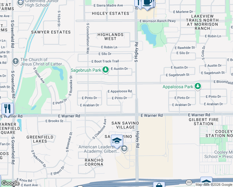 map of restaurants, bars, coffee shops, grocery stores, and more near 3045 East Bloomfield Parkway in Gilbert