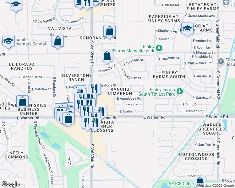 map of restaurants, bars, coffee shops, grocery stores, and more near 1775 East Saratoga Street in Gilbert