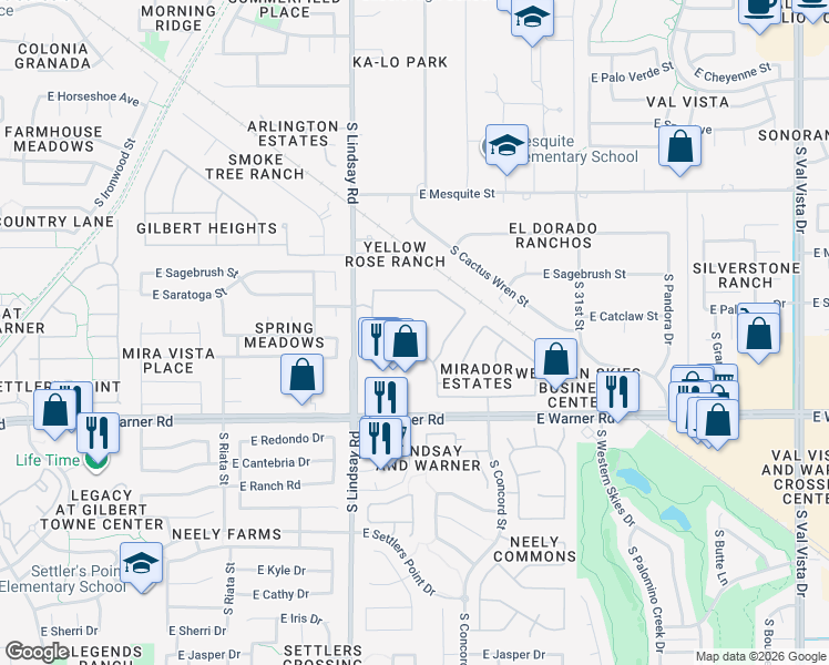 map of restaurants, bars, coffee shops, grocery stores, and more near 623 South Hazel Court in Gilbert