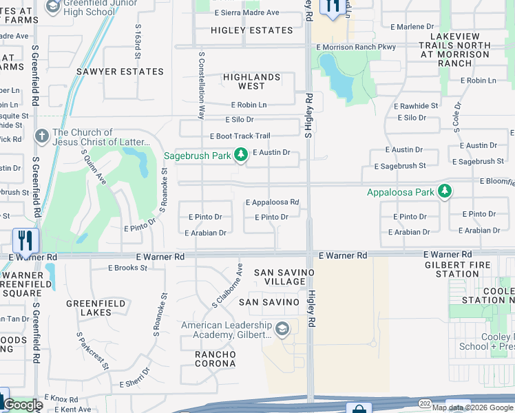 map of restaurants, bars, coffee shops, grocery stores, and more near 3045 East Bloomfield Parkway in Gilbert
