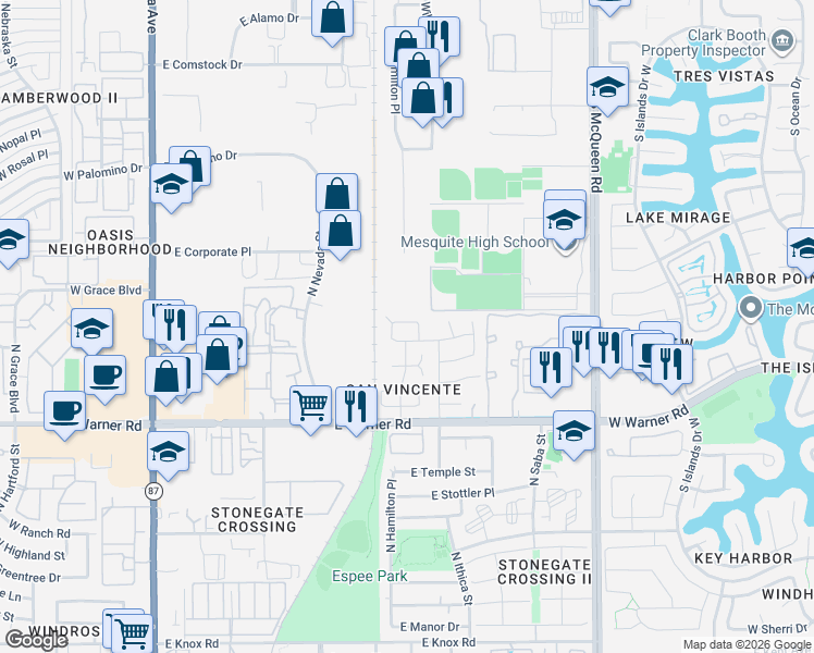 map of restaurants, bars, coffee shops, grocery stores, and more near 2245 North Mosley Drive in Chandler