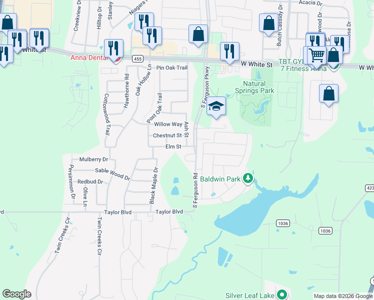 map of restaurants, bars, coffee shops, grocery stores, and more near 1606 Elm Street in Anna