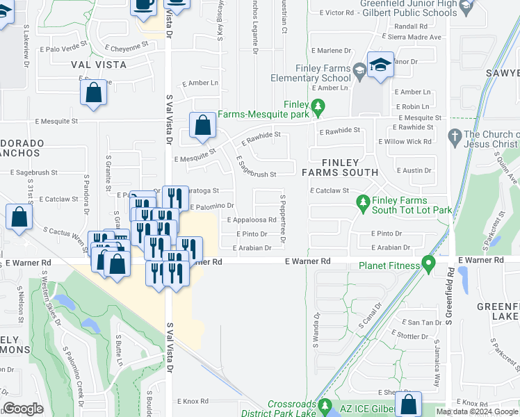 map of restaurants, bars, coffee shops, grocery stores, and more near 1855 East Palomino Drive in Gilbert