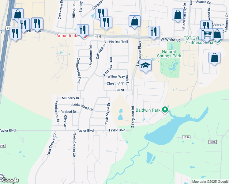 map of restaurants, bars, coffee shops, grocery stores, and more near 1701 Elm Street in Anna