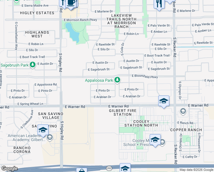 map of restaurants, bars, coffee shops, grocery stores, and more near 3540 East Appaloosa Road in Gilbert
