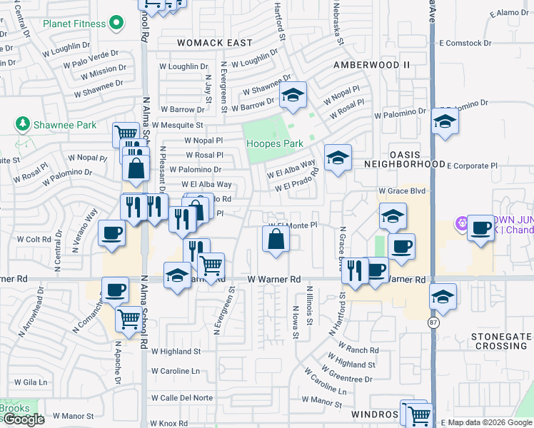 map of restaurants, bars, coffee shops, grocery stores, and more near 2310 North Cheri Lynn Drive in Chandler