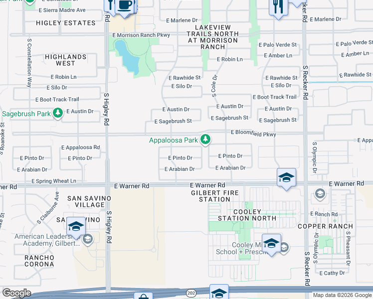 map of restaurants, bars, coffee shops, grocery stores, and more near 3540 East Appaloosa Road in Gilbert