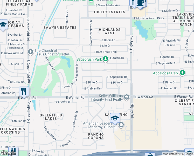 map of restaurants, bars, coffee shops, grocery stores, and more near 2906 East Appaloosa Road in Gilbert