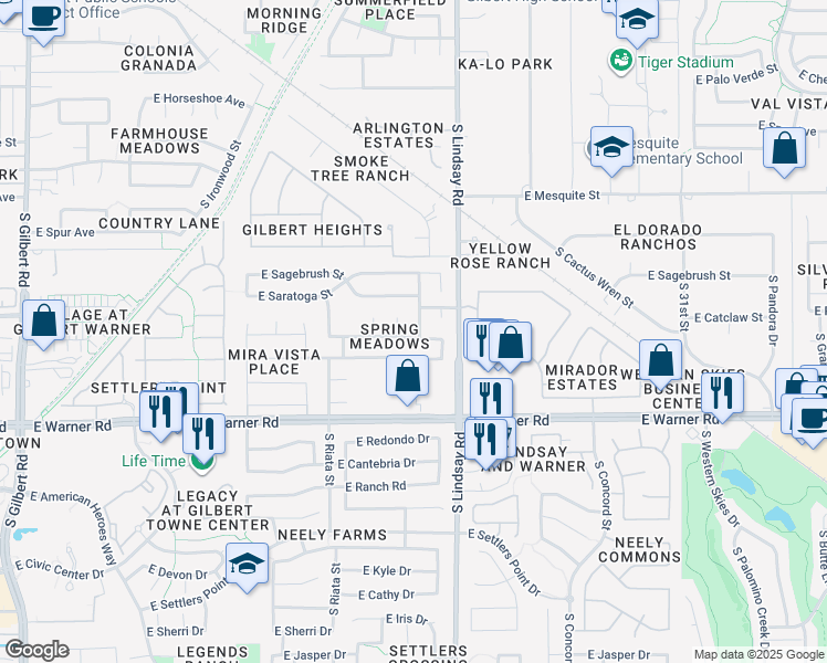 map of restaurants, bars, coffee shops, grocery stores, and more near 602 South Honeysuckle Lane in Gilbert