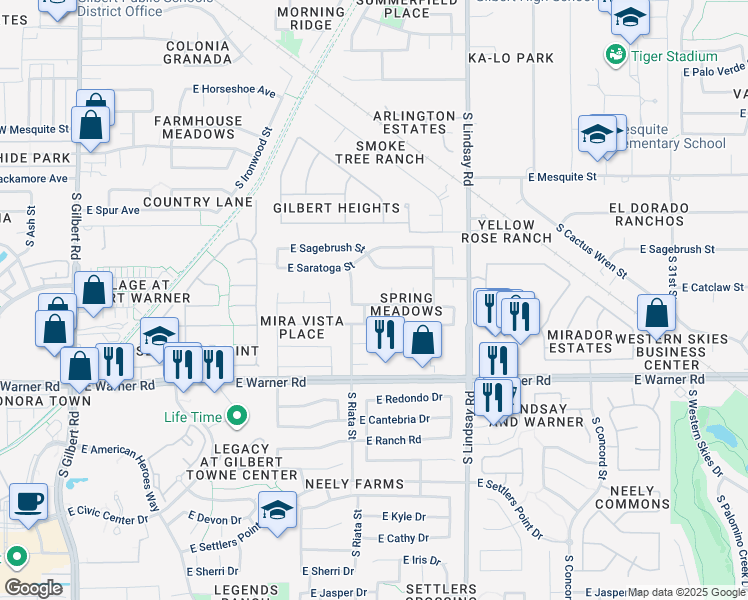 map of restaurants, bars, coffee shops, grocery stores, and more near 608 South La Arboleta Circle in Gilbert
